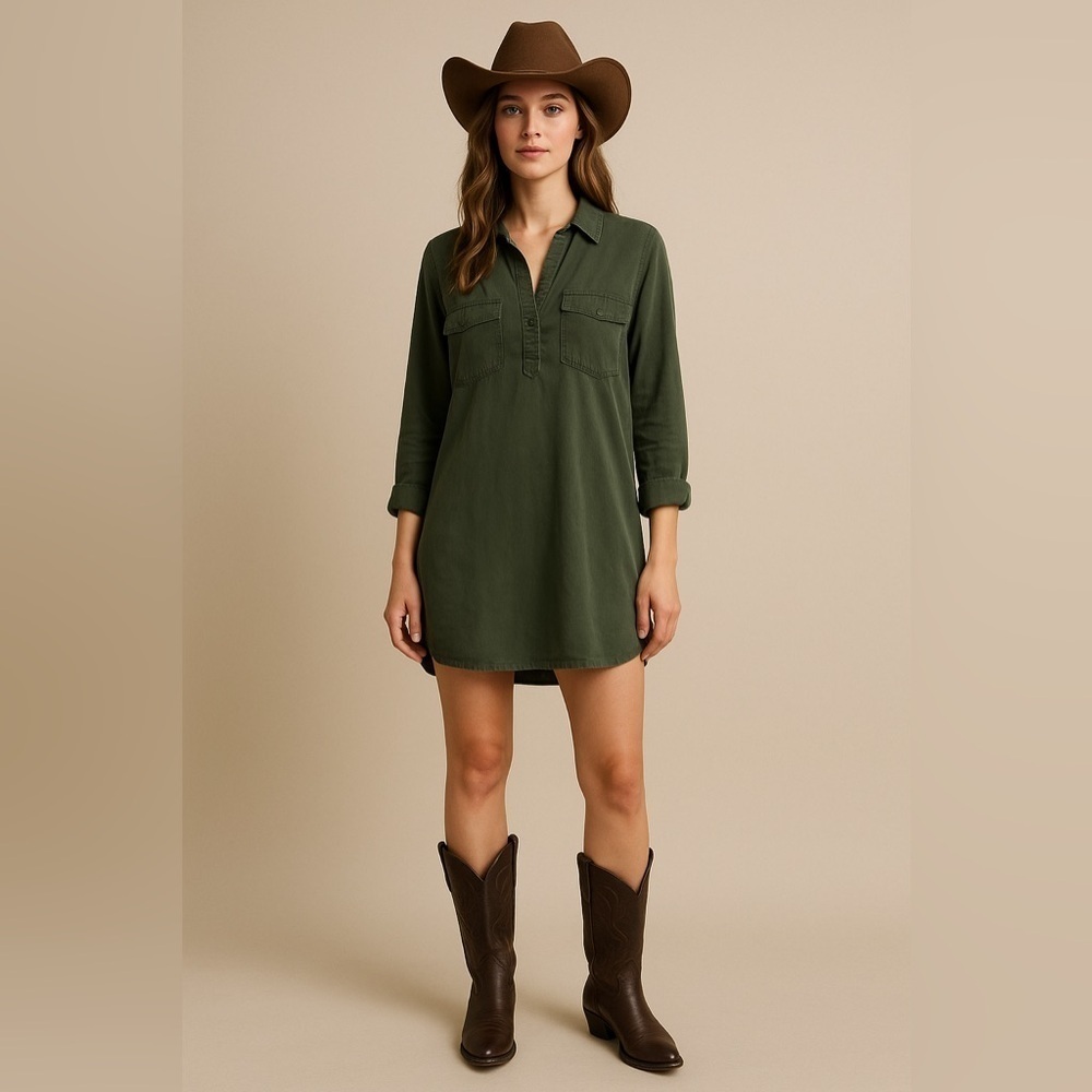 AMI Green Lyocell Utility Mini Dress S – Army Gorpcore Western Cowgirl Forest